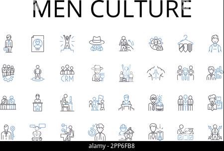 Men culture line icons collection. Women society, Children tradition, Elderly customs, Family heritage, Employee ethos, Citizen values, Leader Stock Vector