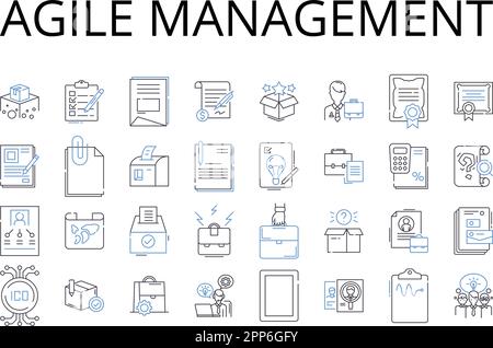 Agile management line icons collection. Lean leadership, Dynamic planning, Adaptive strategy, Proactive approach, Integrated teamwork, Creative Stock Vector