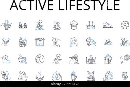 Active lifestyle line icons collection. Vibrant health, Dynamic living, Robust fitness, Energetic movement, Agile motion, Lively activity, Spry living Stock Vector