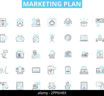 Marketing plan linear icons set. Strategy, Objectives, SWOT, Segmentation, Differentiation, Positioning, Branding line vector and concept signs Stock Vector
