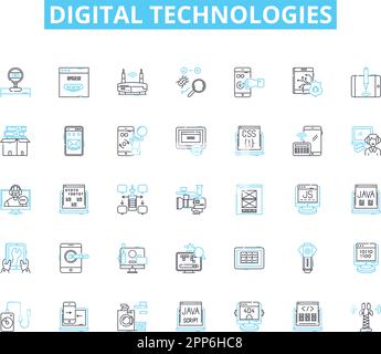 Digital technologies linear icons set. Innovation, Automation, Interactivity, Connectivity, Integration, Optimization, Virtuality line vector and Stock Vector