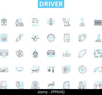 Driver linear icons set. Pedal, Steering, License, Gearbox, Vehicle, Accelerate, Brake line vector and concept signs. Road,Highway,Traffic outline Stock Vector