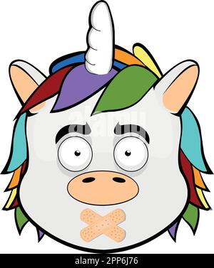 Vector illustration face unicorn cartoon with adhesive bands in the mouth Stock Vector