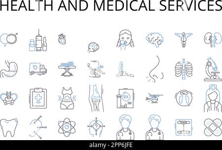 Health and medical services line icons collection. Law and order, Food and nutrition, Education and learning, Art and culture, Business and commerce Stock Vector