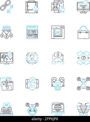 Social analytics linear icons set. Metrics, Engagement, Insights, Performance, Influencers, Sentiment, Followers line vector and concept signs. Viral Stock Vector