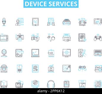 Device services linear icons set. Repairs, Maintenance, Upgrades, Optimization, Diagnostics, Troubleshooting, Configuration line vector and concept Stock Vector