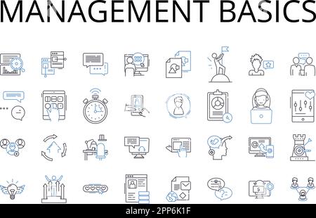 Management basics line icons collection. Financial literacy, Marketing strategies, Advertising techniques, Corporate policies, Budgeting skills, Time Stock Vector