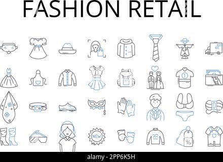 Fashion retail line icons collection. Clothing store, Apparel outlet, Style emporium, Designer boutique, Trendy market, Fashion merchant, Garment Stock Vector