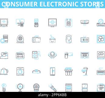 Consumer electronic stores linear icons set. Gadgets, Appliances, Smartphs, Tablets, Laptops, Cameras, Headphs line vector and concept signs. Speakers Stock Vector