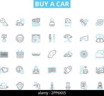 Buy a car linear icons set. Purchase, Vehicle, Auto, Automobile, Transport, Drive, Investment line vector and concept signs. Status,Upgrade,Budget Stock Vector