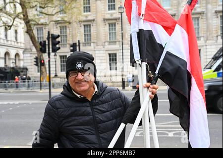 Downing street, London, UK. 22 April 2023. Protest for the independence of Azerbaijan. Some people refer to Iranian Azerbaijan as southern (or southern) Azerbaijan. The British empire fell before leaving, the British wickedness is to split Azerbaijan and all official British empires. The bloody British bloodbath flows throughout this day, Today, people divided are still fighting and killing one another. Credit: See Li/Picture Capital/Alamy Live News Stock Photo