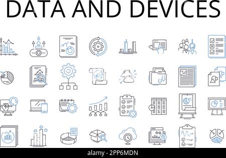 Data and devices line icons collection. Information and gadgets, Stats and tools, Facts and equipment, Figures and instruments, Records and machinery Stock Vector