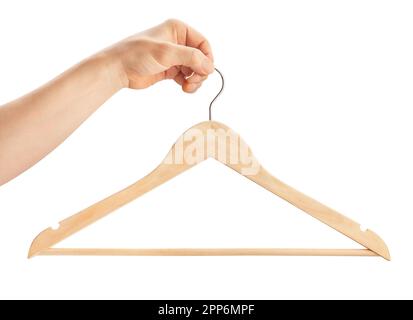 clothes hanger in hand path isolated on white Stock Photo