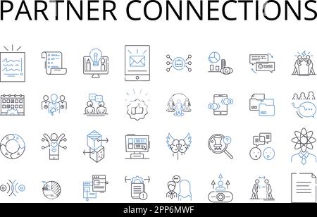 Partner connections line icons collection. Associate relationships, Collaborator nerks, Comrade bonds, Companion ties, Conjoint affiliations Stock Vector