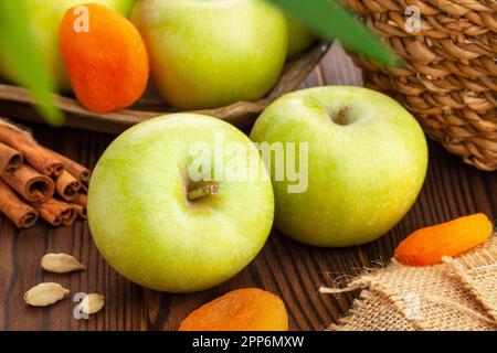 granny smith apple on wood background Stock Photo