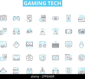 Gaming tech linear icons set. Controller, Console, Graphics, Virtual, Multiplayer, Streaming, Gaming line vector and concept signs. eSports,Joystick Stock Vector