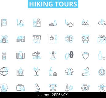 Hiking tours linear icons set. Trekking, Exploration, Adventure, Scenery, Nature, Backpacking, Wanderlust line vector and concept signs. Outdoors Stock Vector