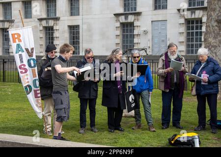 London, UK. 22nd Apr, 2023. Extinction Rebellion and other campaign groups are on their second day of a four-day protest in Parliament Square. The protesters have stated that they will intensify their actions if the UK government fails to meet their two climate change demands by 5 pm on Tuesday, 24th April. The campaigners are calling for an end to all licenses, funding, and approval for new oil and gas projects, as well as the establishment of 'emergency citizens' assemblies' to address the climate crisis. Credit: Sinai Noor/Alamy Live News Stock Photo