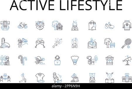 Active lifestyle line icons collection. Vibrant health, Dynamic living, Robust fitness, Energetic movement, Agile motion, Lively activity, Spry living Stock Vector