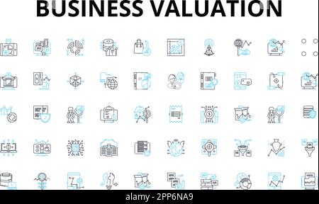 Business valuation linear icons set. Appraisal, Valuation, Equity, Assets, Liabilities, Net worth, Financials vector symbols and line concept signs Stock Vector