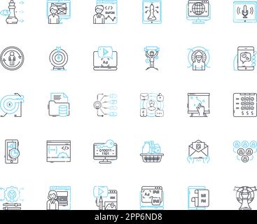 Website visitors linear icons set. Traffic, Engagement, Bounce, Clicks, Conversion, Retention, Interaction line vector and concept signs. Impressions Stock Vector