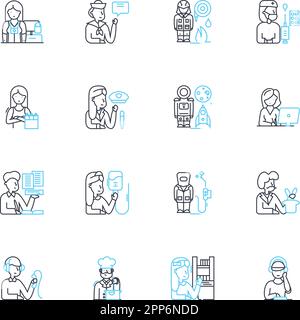 Career options linear icons set. Opportunities, Professions, Occupations, Vocations, Trades, Jobs, Employment line vector and concept signs. Fields Stock Vector