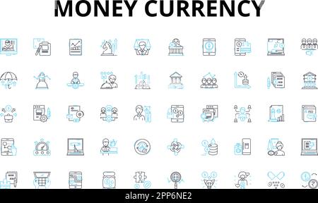 Money currency linear icons set. Dollar, Euro, Yen, Pound, Franc, Rupee, Bitcoin vector symbols and line concept signs. Cryptocurrency,Cash,Credit Stock Vector