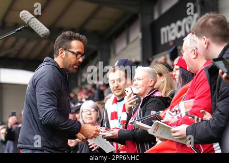 Wrexham co-owner Ryan Reynolds greets fans ahead of the Vanarama National League match at The Racecourse Ground, Wrexham. Picture date: Saturday April 22, 2023. Stock Photo