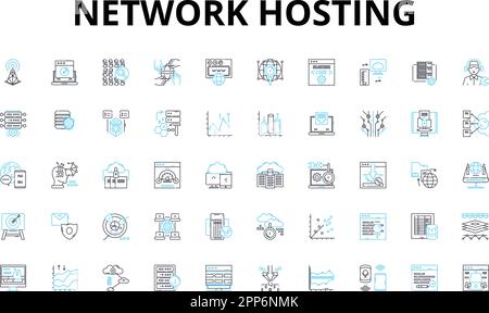 Network hosting linear icons set. Cloud, Server, Virtualization, Bandwidth, Colocation, Datacenter, Firewall vector symbols and line concept signs Stock Vector