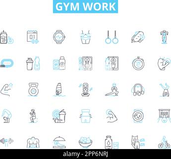Gym work linear icons set. Cardio, Strength, Weights, Resistance, Endurance, Flexibility, Mobility line vector and concept signs. Agility,Plyometrics Stock Vector