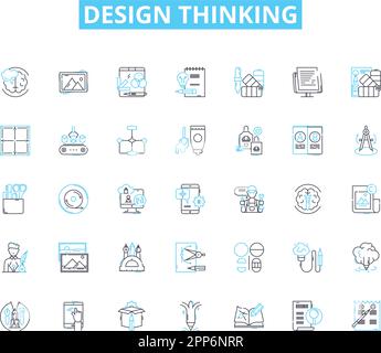 Design thinking linear icons set. Ideation, Prototyping, Empathy, Iteration, Solutions, Insights, User-centered line vector and concept signs Stock Vector