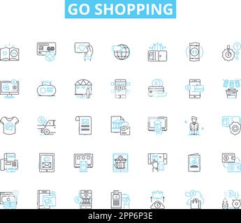 Go shopping linear icons set. Retail, Mall, Groceries, Boutique, Megastore, Outlet, Shopping cart line vector and concept signs. Department store Stock Vector