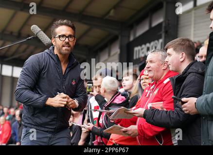 Wrexham co-owner Ryan Reynolds greets fans ahead of the Vanarama National League match at The Racecourse Ground, Wrexham. Picture date: Saturday April 22, 2023. Stock Photo