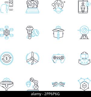 Sophisticated systems linear icons set. Complexity, Efficiency, Intelligence, Integration, Automation, Precision, Optimization line vector and concept Stock Vector