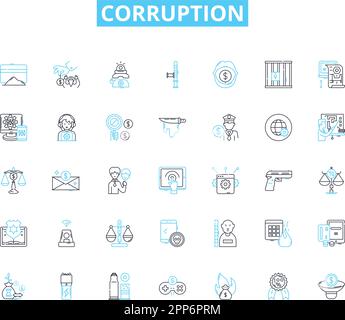 Corruption linear icons set. Bribery, Extortion, Nepotism, Embezzlement, Fraud, Graft, Kickbacks line vector and concept signs. My laundering Stock Vector