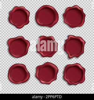 Wax stamp realistic, seal round postmarks. Old red diploma or certificate tag, quality rubber shape for letter, 3d label, original vintage mark. Vector design isolated on transparent background icons Stock Vector