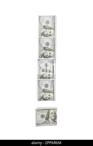 exclamation mark on dollar banknotes isolated on a white background. The symbol is a exclamation of American dollars. Stock Photo