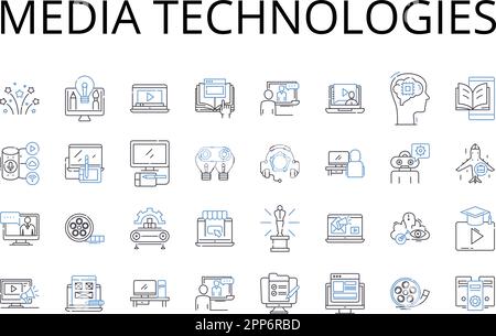 Media technologies line icons collection. Digital devices, Information systems, Communication tools, Computer programs, Technology systems, Machine Stock Vector