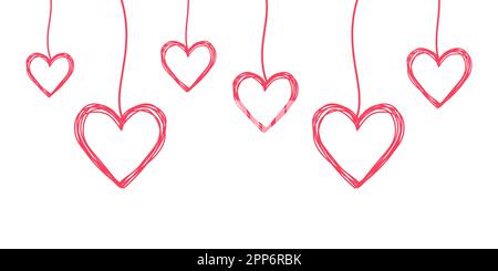 Tangled scribbled hearts hanging on a string, hand drawn with thin line, divider shape. Isolated on white background. Vector illustration Stock Vector