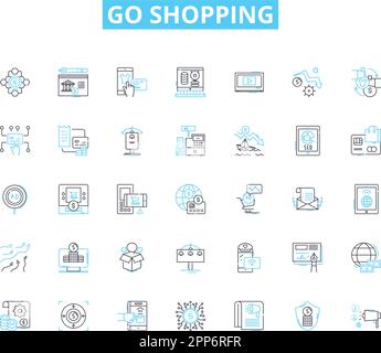 Go shopping linear icons set. Retail, Mall, Groceries, Boutique, Megastore, Outlet, Shopping cart line vector and concept signs. Department store Stock Vector