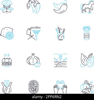 Agribusiness linear icons set. Farming, Livestock, Produce, Irrigation, Fertilizer, Harvest, Cultivation line vector and concept signs. Agronomy Stock Vector