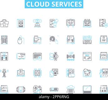 Cloud services linear icons set. Integration, Scalability, Accessibility, Reliability, Security, Efficiency, Flexibility line vector and concept signs Stock Vector