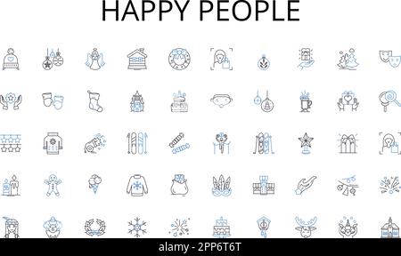 Happy people line icons collection. E-commerce, Mobile payments, Online shopping, Cryptocurrency, Social media marketing, Virtual storefronts, Digital Stock Vector