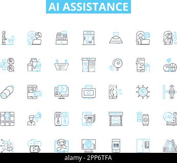 Ai assistance linear icons set. intelligent, automated, responsive, chatbot, virtual, voice-activated, algorithmic line vector and concept signs Stock Vector