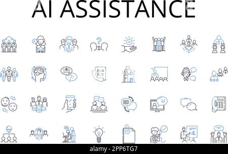 AI assistance line icons collection. Automated help, Digital support, Smart guidance, Virtual aid, Intelligent backing, Modern assistance, Robotic Stock Vector
