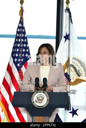 Key Biscayne, Florida, USA. 21st Apr, 2023. US Vice President Kamala Harris delivers remarks on the administration's efforts to combat the climate crisis and build community resilience against extreme weather by announcing $562 million to help protect communities against the impacts on climate change at University of Miami's Rosenstiel School of Marine, Atmospheric, and Earth Science Center on April 21, 2023 at Key Biscayne, Florida. Credit: Mpi10/Media Punch/Alamy Live News Stock Photo