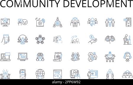 community development line icons collection. Environmental conservation, Economic growth, Social responsibility, Cultural exchange, Education reform Stock Vector