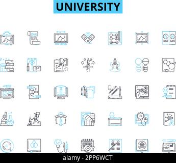 University linear icons set. Academics, Campus, Education, Student, Faculty, Research, Diversity line vector and concept signs. Community,Success Stock Vector