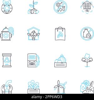 Environmentally-safe energy linear icons set. Renewable, Solar, Wind, Geothermal, Hydro, Biofuels, Green line vector and concept signs. Sustainable Stock Vector