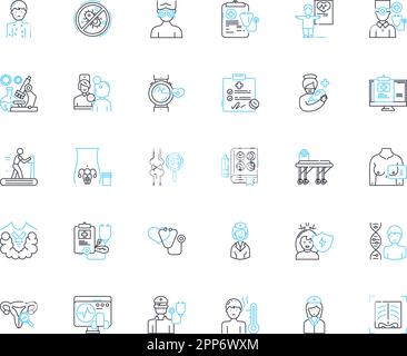 Healthcare facility linear icons set. Hospital, Clinic, Ambulatory, Dispensary, Infirmary, Medical center, Nursing home line vector and concept signs Stock Vector
